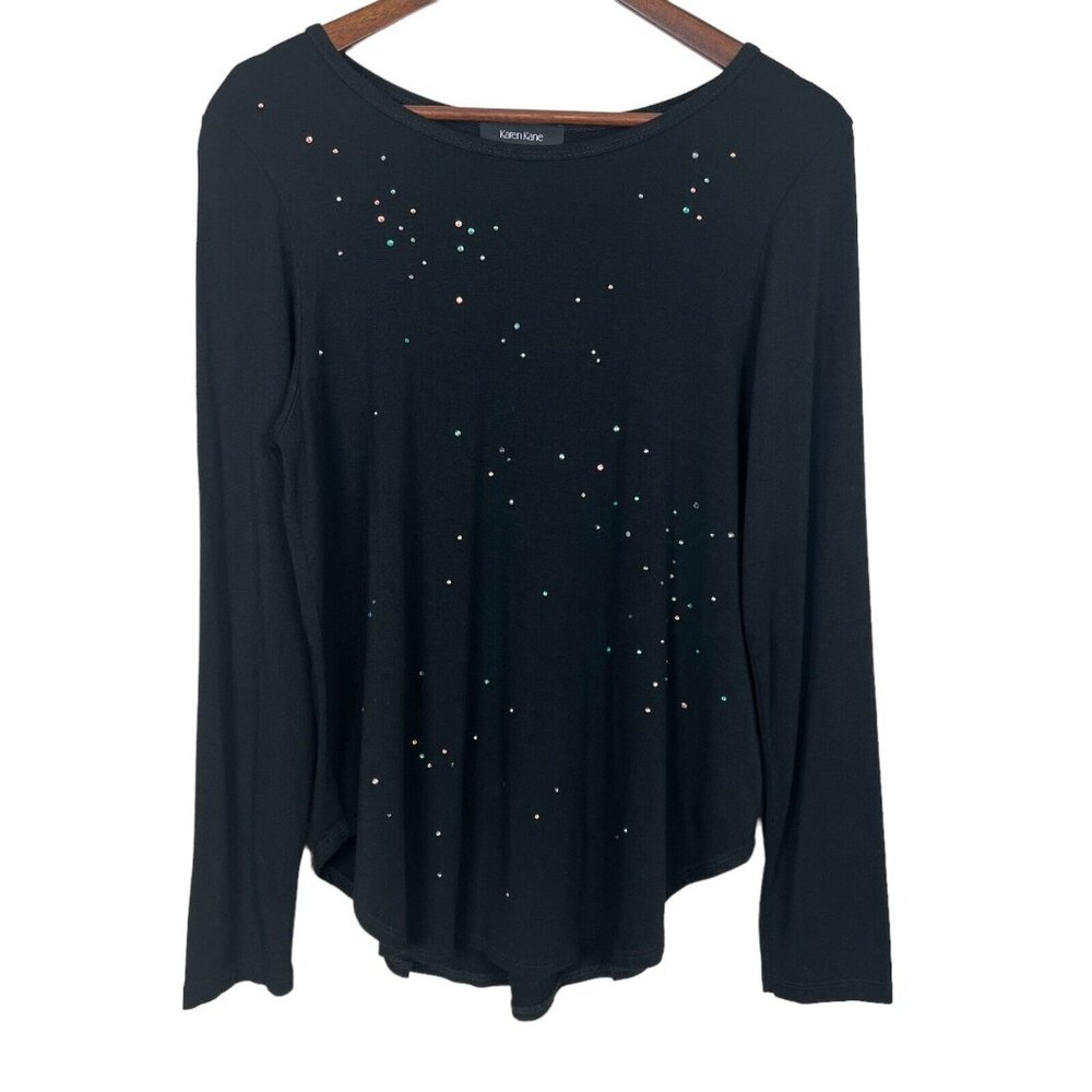 Karen‎ Kane Top Womens Medium Black Studded Long Sleeve Stretch Solid Knit Bling
